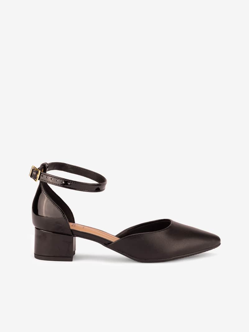 Sapato Pump Combinado Aberto Lateral de Tacão com Fivela no Tornozelo