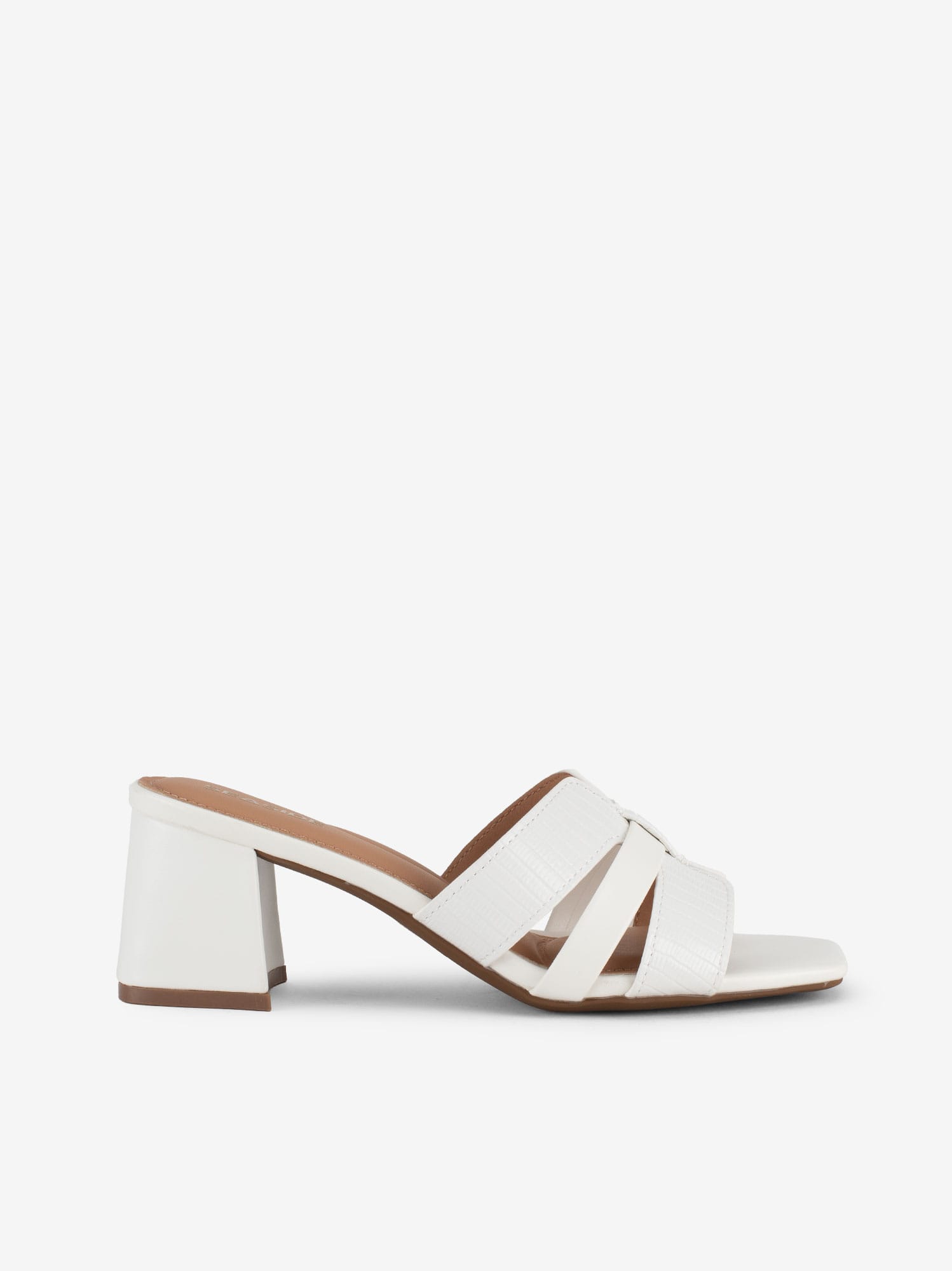 Sandália Mule de Tacão Combinada com Estampado em Peças Sobrepostas de Forma Quadrada