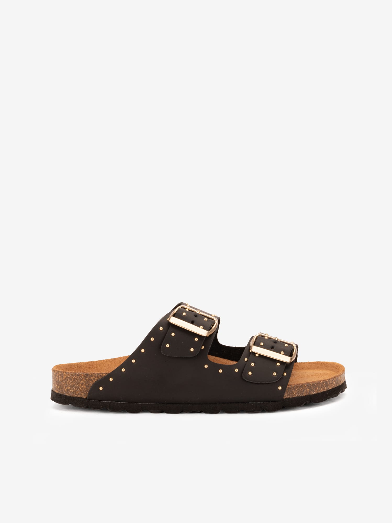 Chinelo de Dupla Fivela em Pele Vintage Decorada com Micro Tachas Metálicas com Palmilha Bio